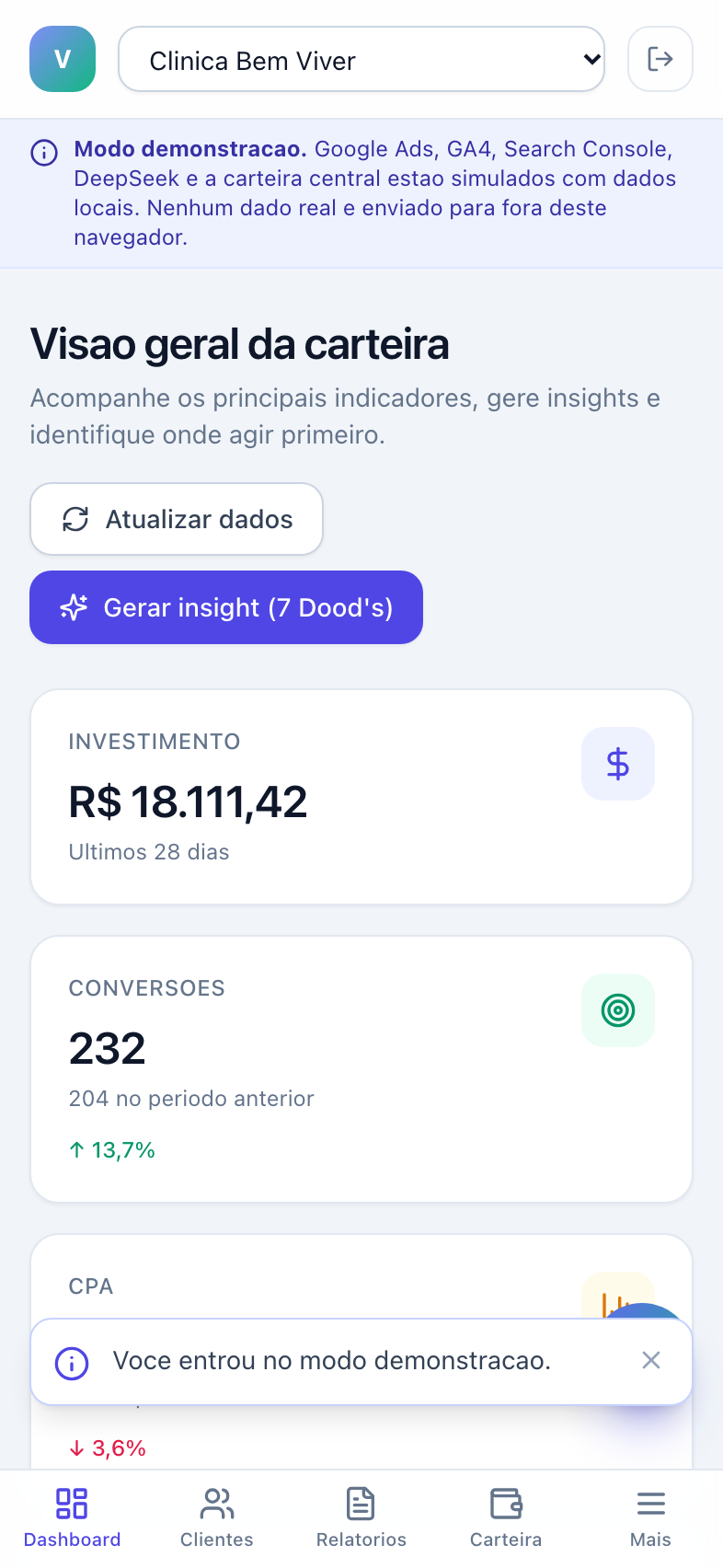 Versão mobile do Vision AI com barra de navegação inferior